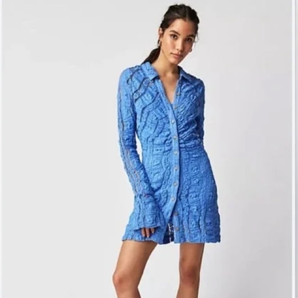Free People Shayla Lace Mini Dress Periwinkle Blue L/S Ruched Button Front XS EU - Picture 1 of 8